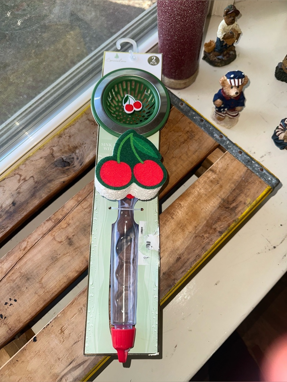Spruce Lane Cherry-themed sink strainer and scrub brush set ~New
